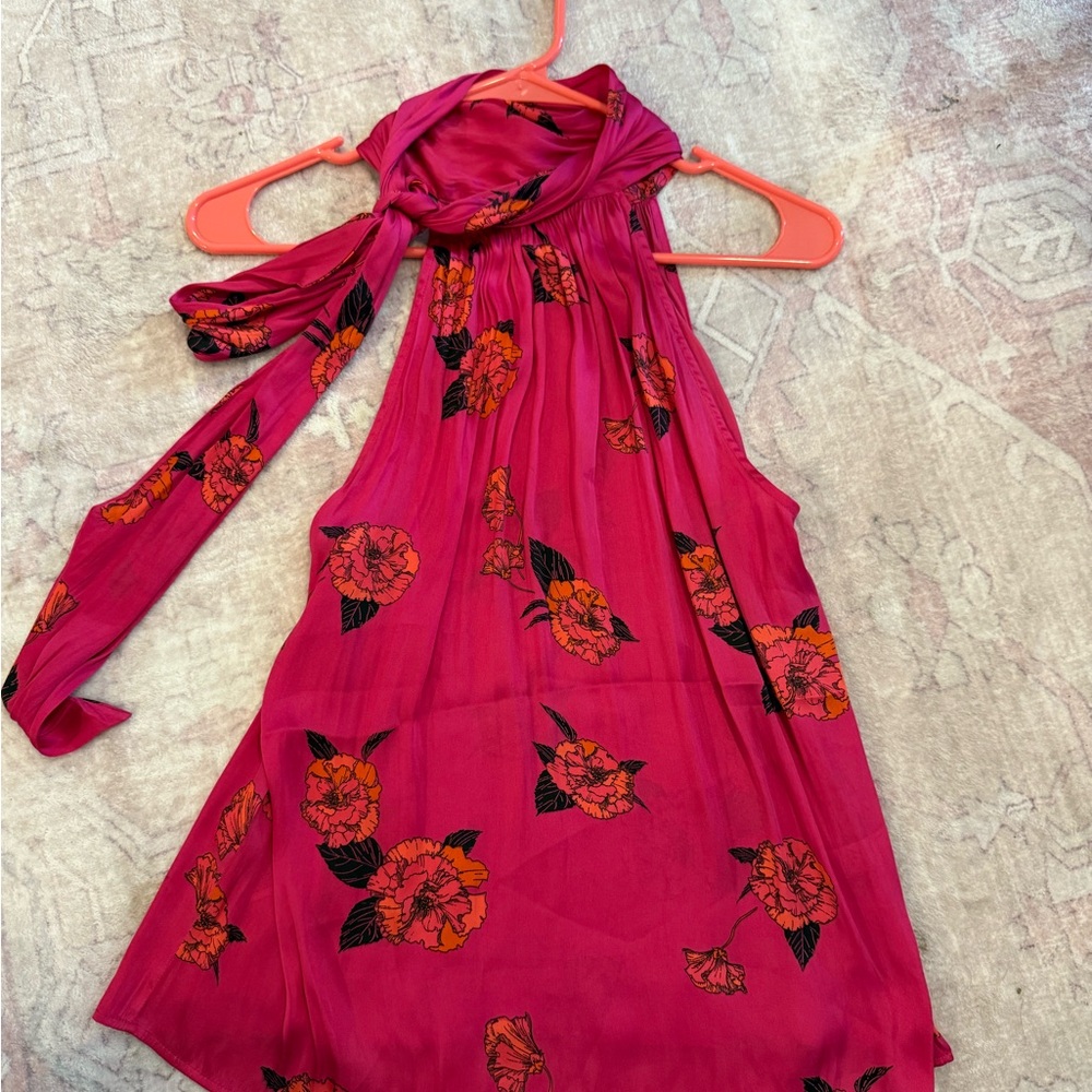 Vibrant Pink Floral Dress with Scarf
